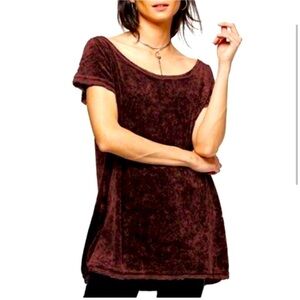 WE THE FREE Free People Crushed Velvet Burgundy Wine Oversized Tee Side Slit